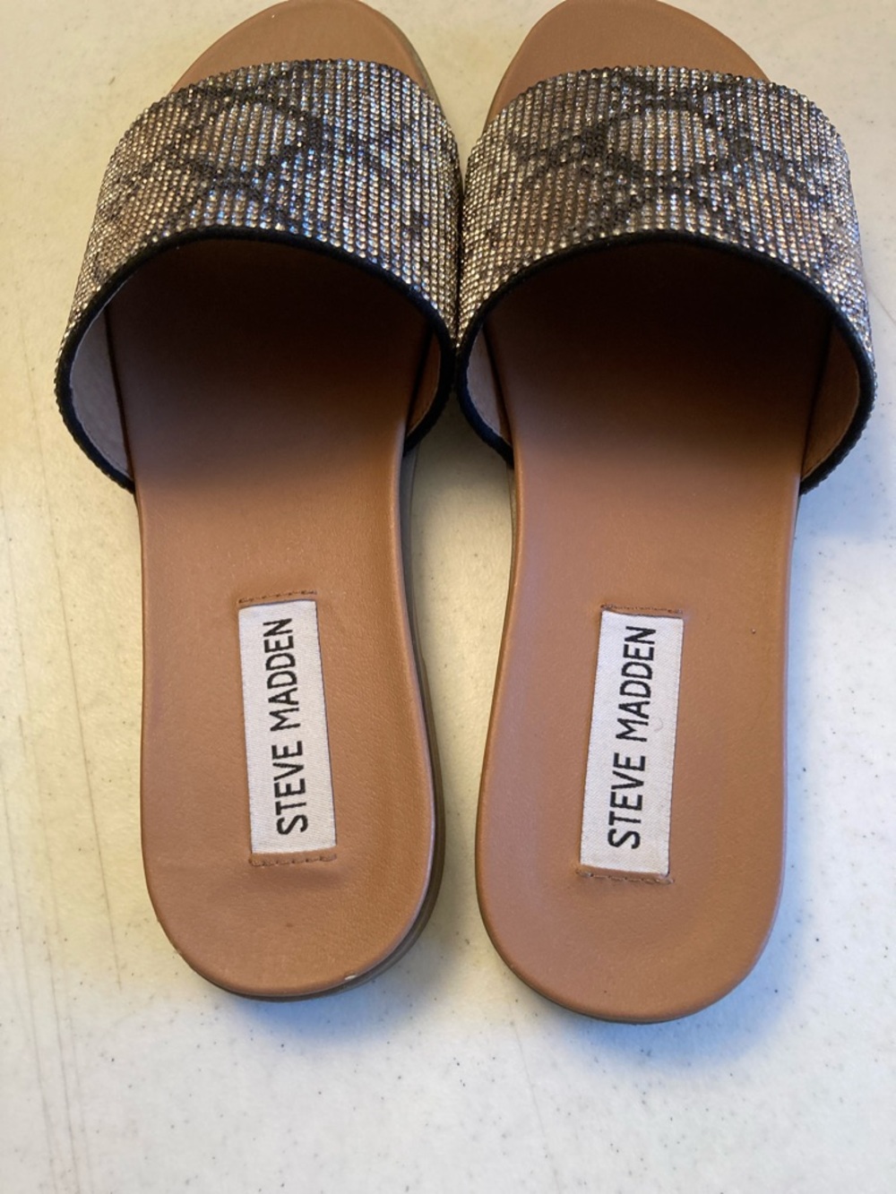 Steve Madden Embellished Snake-Print Slide Sandals - Black/Tan - Picture 7 of 7